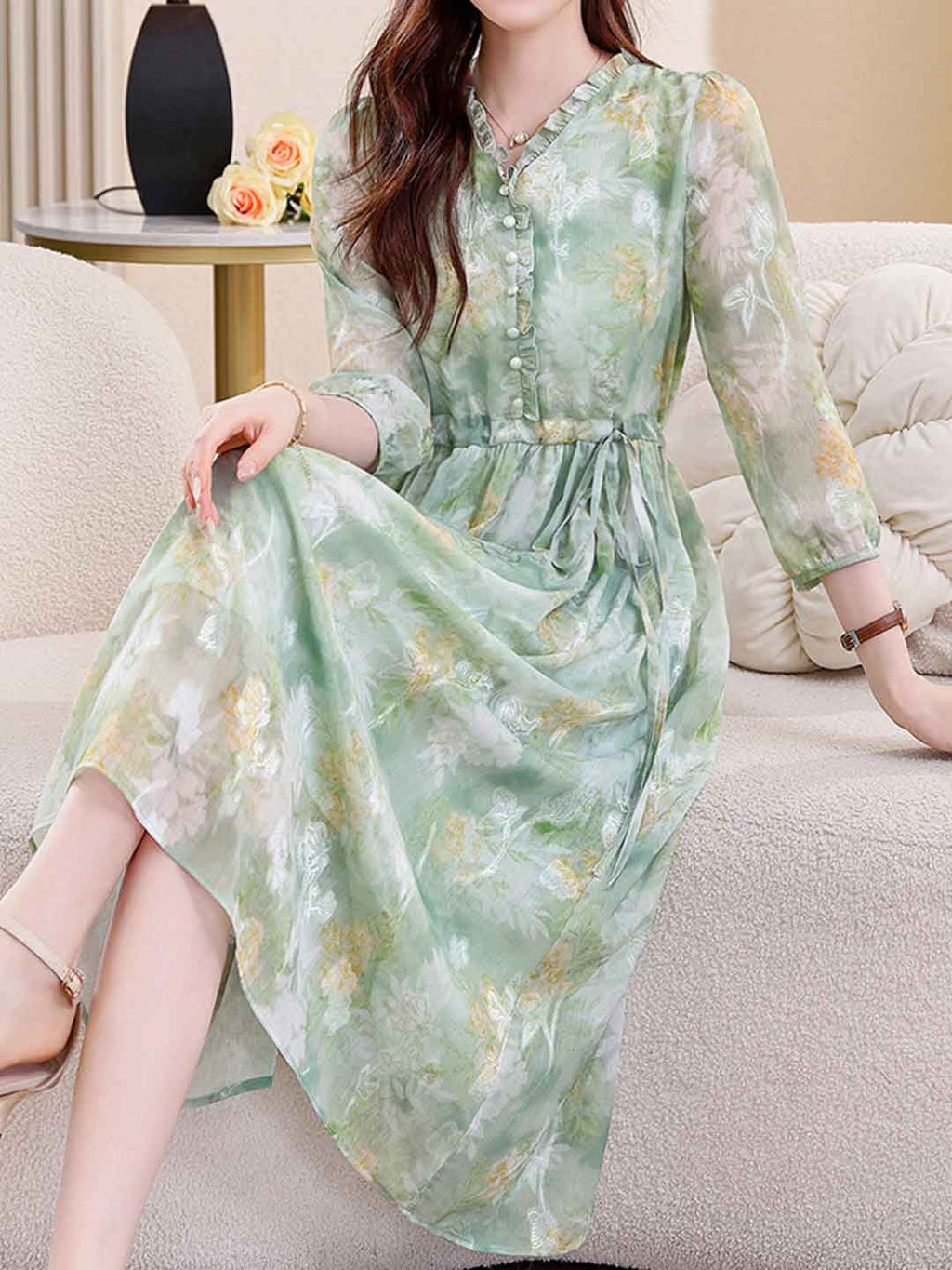 Flowering Girl Women martha Vacation Auricular Collar Jacquard Drawstring Dress