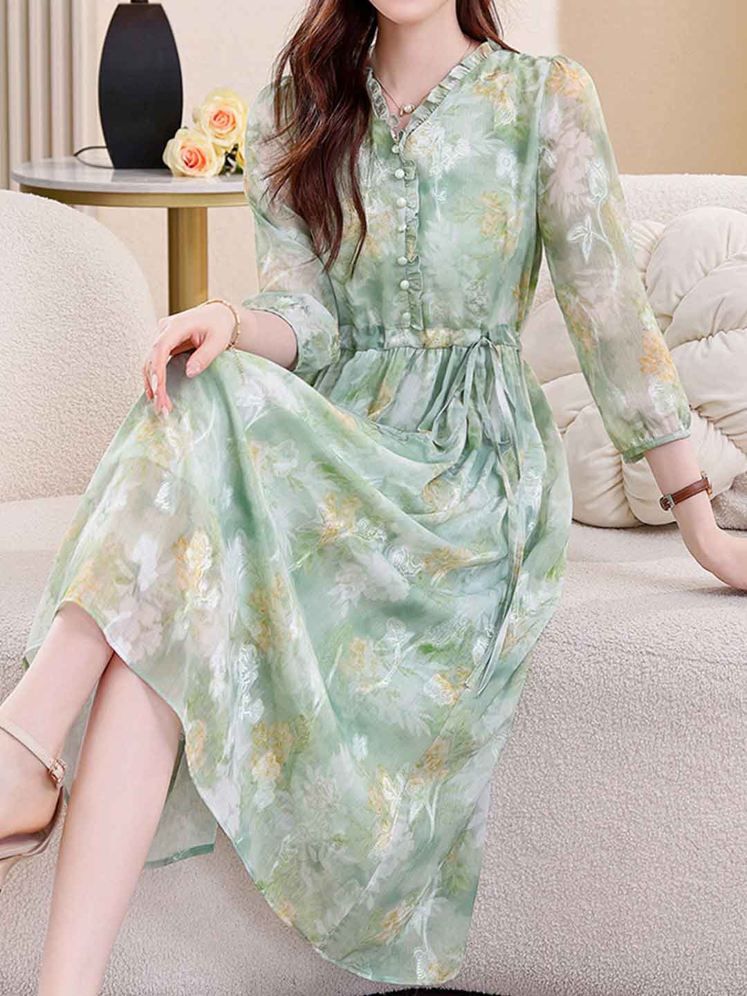 martha Vacation Auricular Collar Jacquard Drawstring Dress