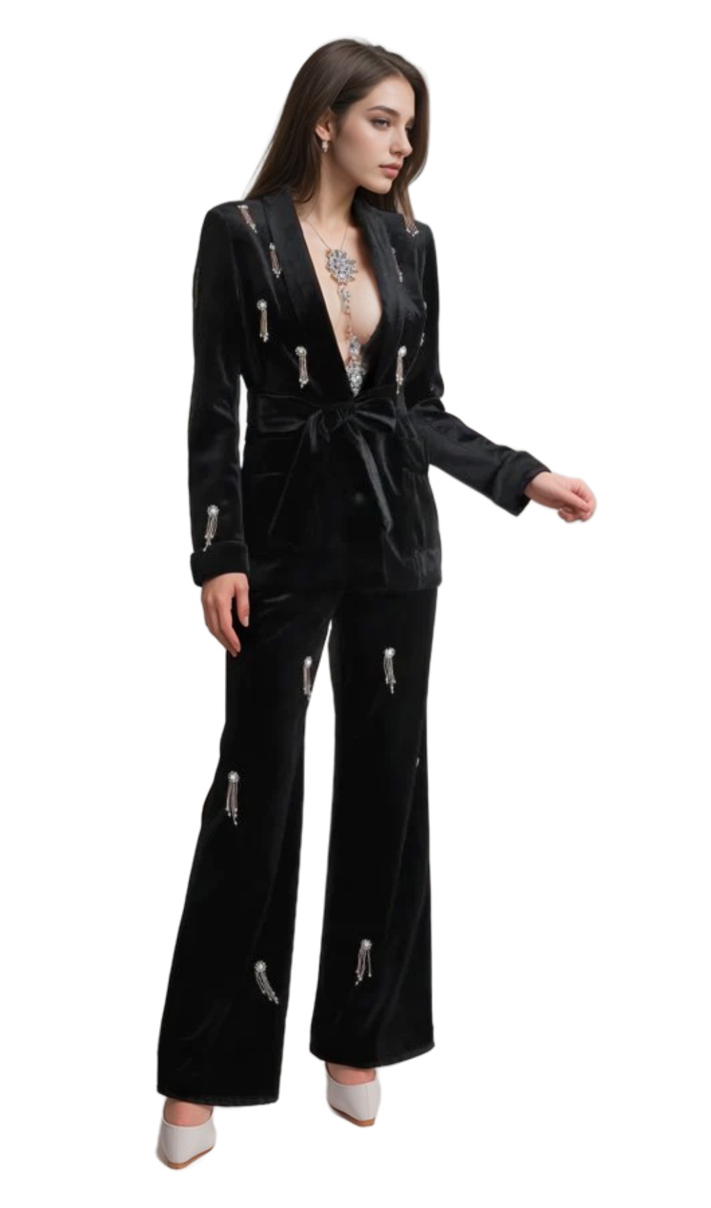 Flowering Girl Women apphia Velvet Diamond embellished blazer 2 Piece in black