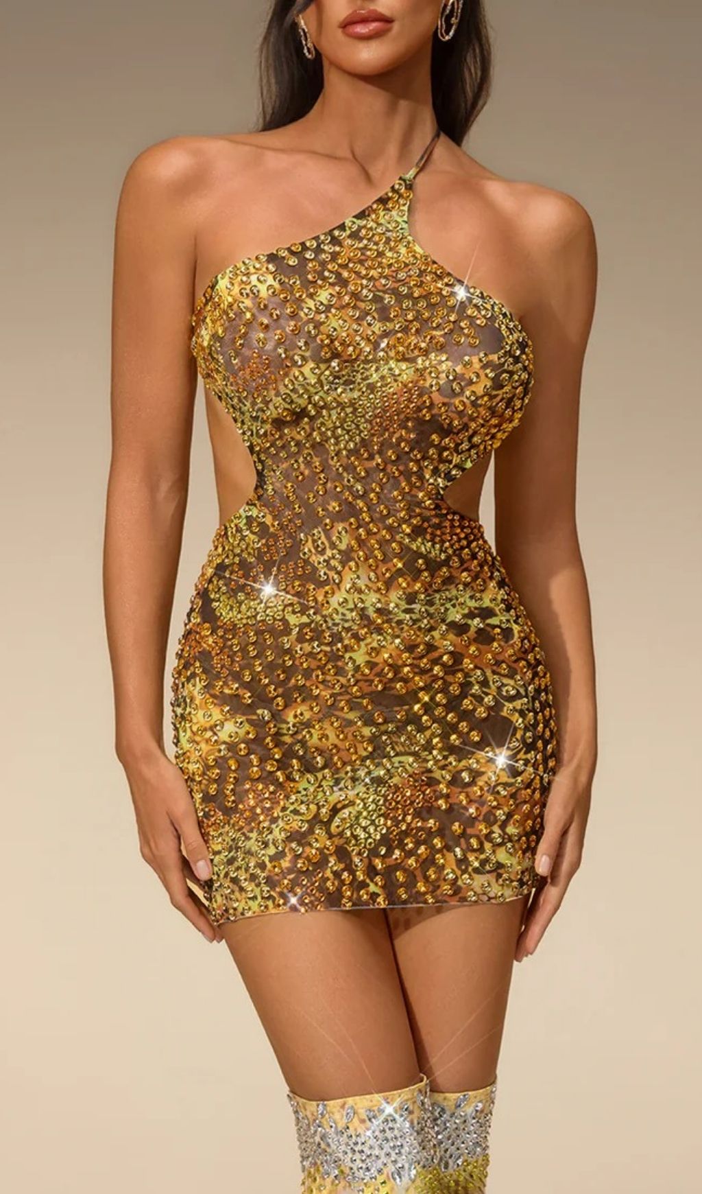 Deeg Rhinestone Printed Cutout Mini Dress