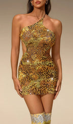 Deeg Rhinestone Printed Cutout Mini Dress