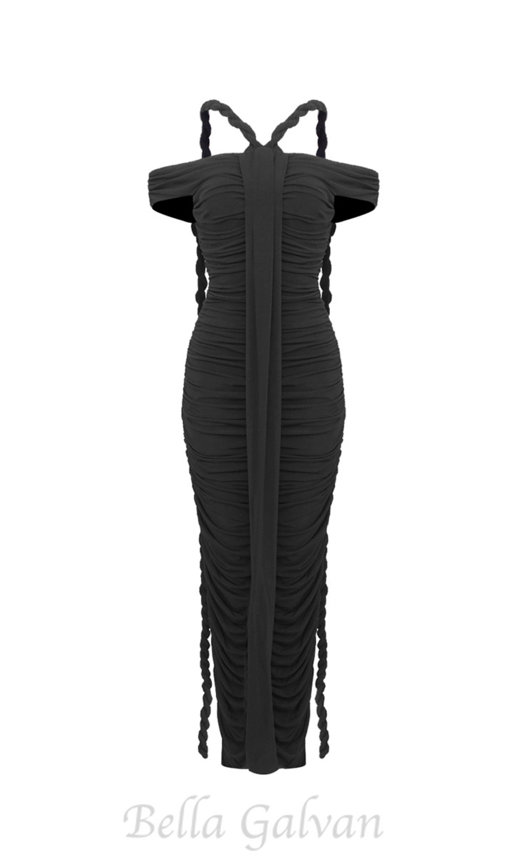 Flowering Girl Women cara black off-shoulder ruched bodycon maxi dress with rope embellished