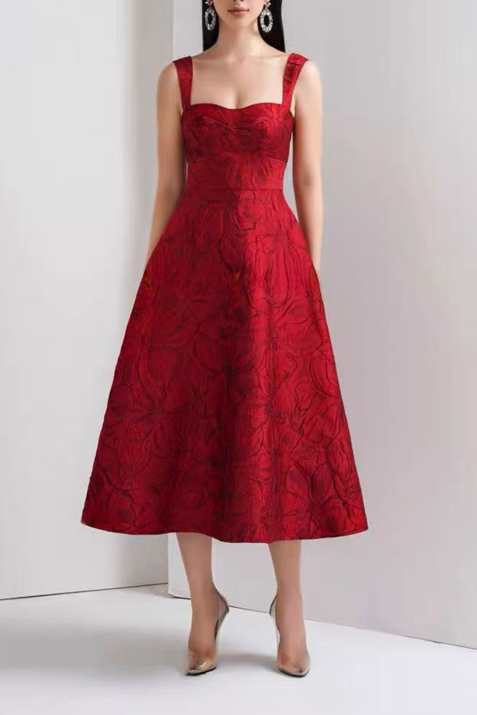 Burgundy Jacquard Camisole Midi Dress