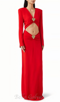 Flowering Girl Women long sleeve heart cutout maxi dress in red