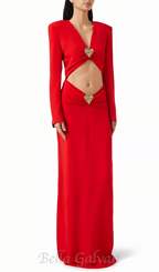 Flowering Girl Women long sleeve heart cutout maxi dress in red