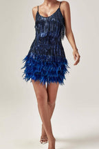 Flowering Girl Women Tassel Feather Mini Dress In Royal Blue
