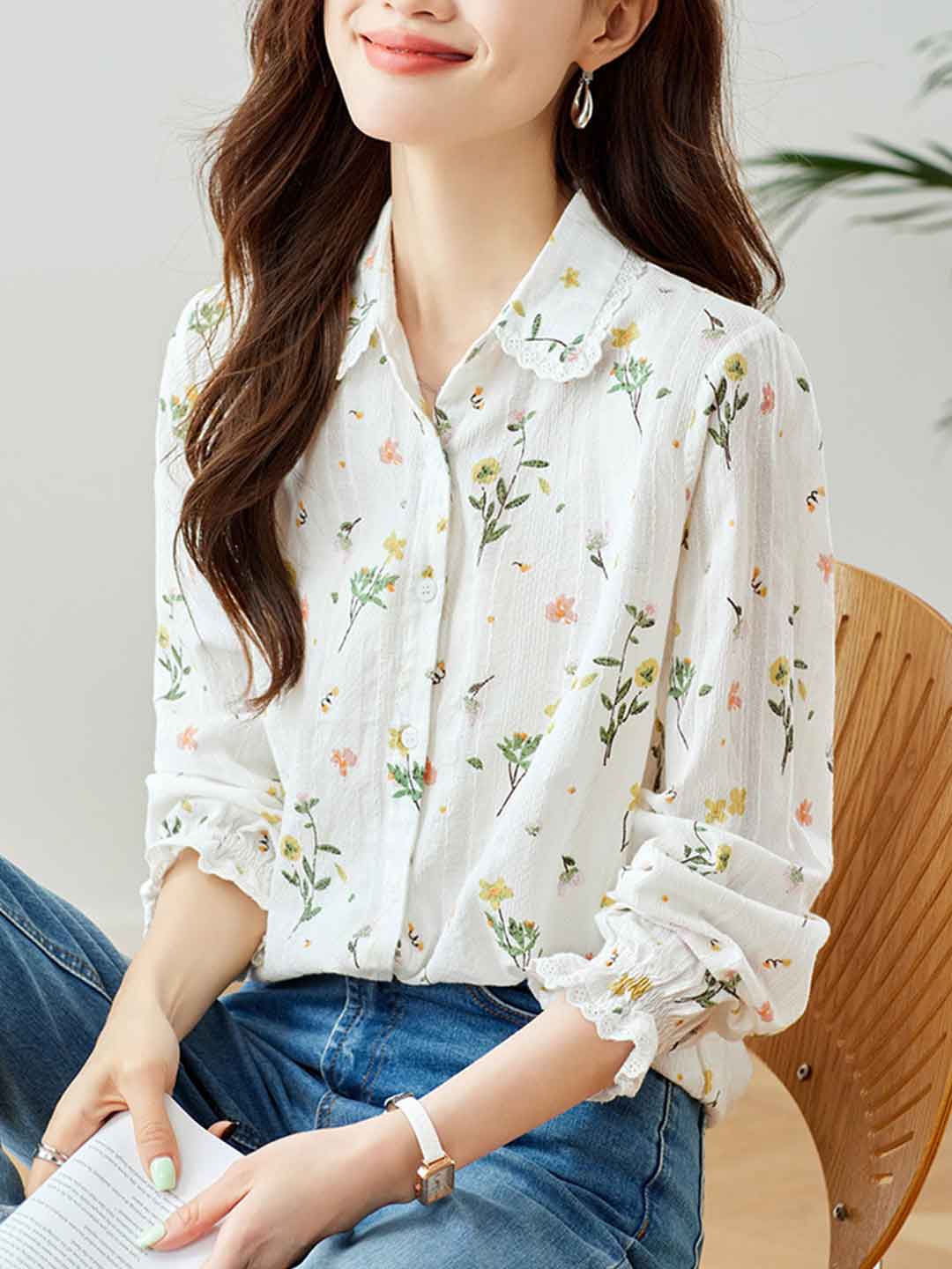 Flowering Girl Women nancy Classic Lapel Embroidered Floral Shirt