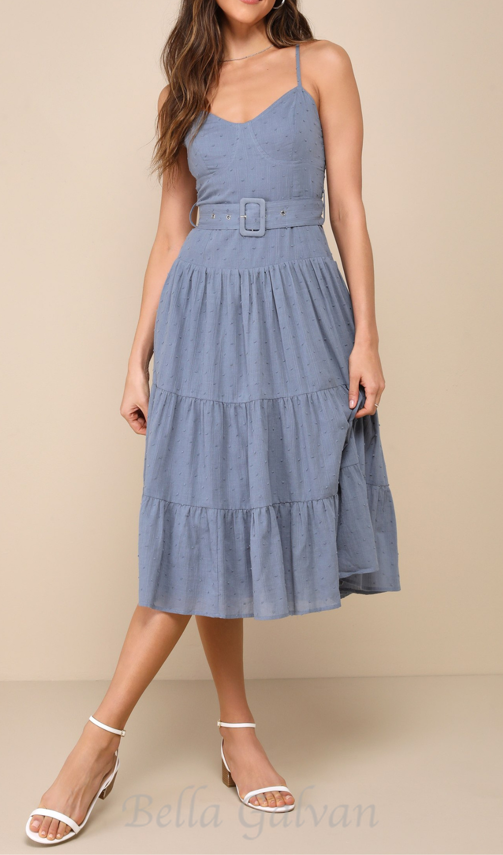 Flowering Girl Women slate blue swiss dot bustier tiered midi dress