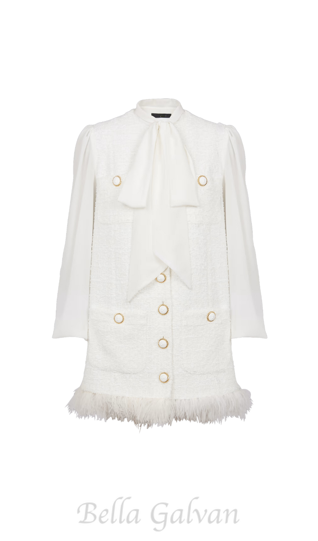 Flowering Girl Women Tweed mini dress with pussy-bow collar in white