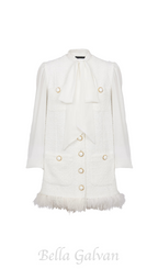 Flowering Girl Women Tweed mini dress with pussy-bow collar in white