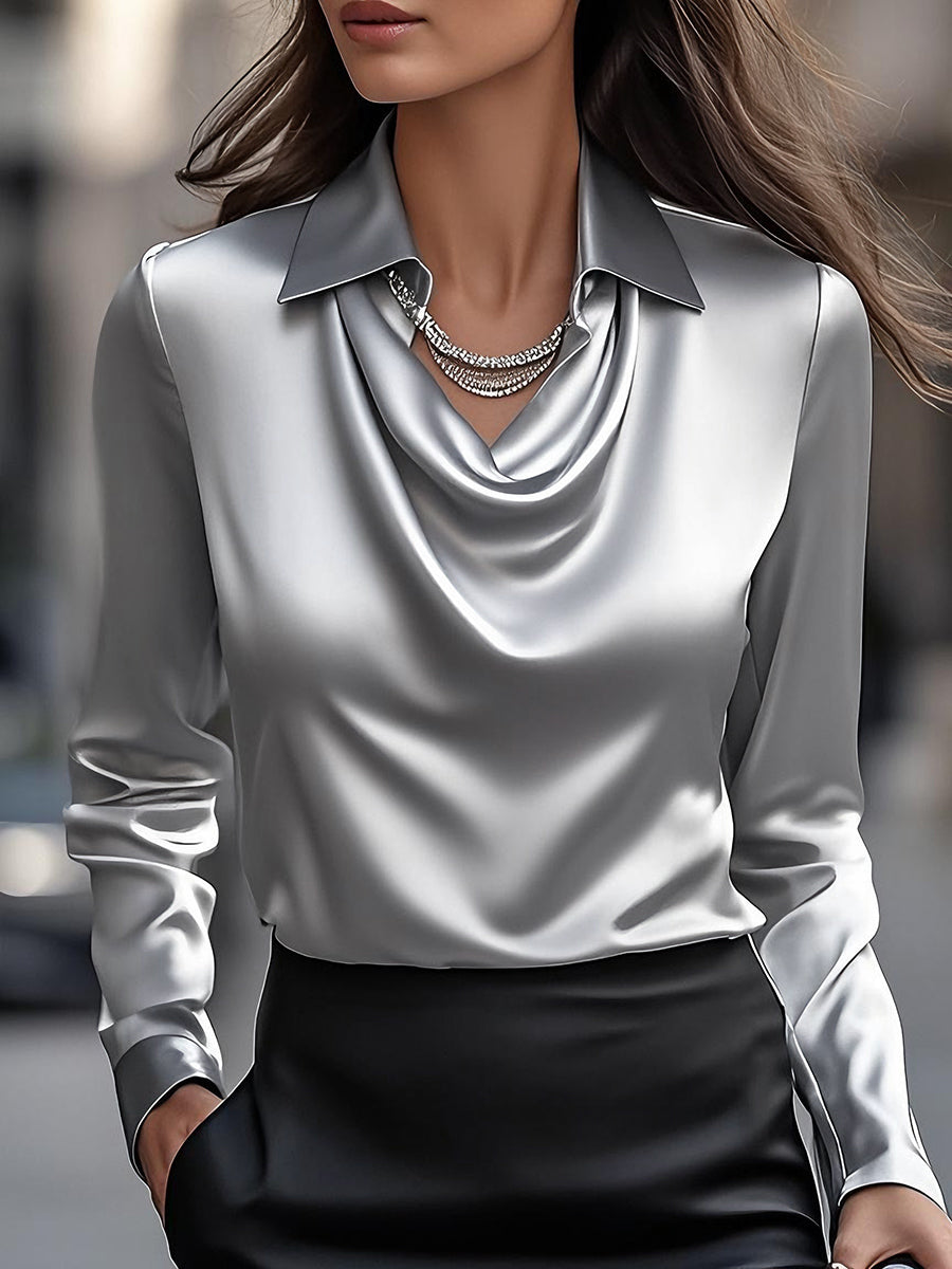 Flowering Girl Women Elegant White Satin Blouse With Draped Neckline