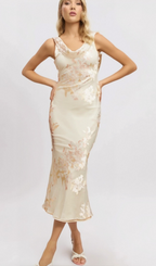 Flowering Girl Women Yolanda beige floral-jacquard midi dress
