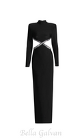 Flowering Girl Women baguette crystals side cutouts embroidered Black crêpe maxi dress