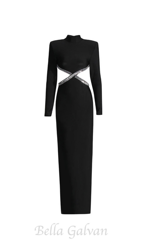 Flowering Girl Women baguette crystals side cutouts embroidered Black crêpe maxi dress