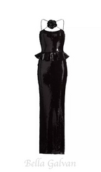 Flowering Girl Women peplum waist sequin maxi dress in black