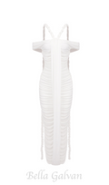 Flowering Girl Women cara white off-shoulder ruched bodycon maxi dress with rope embellished