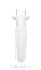 Flowering Girl Women cara white off-shoulder ruched bodycon maxi dress with rope embellished