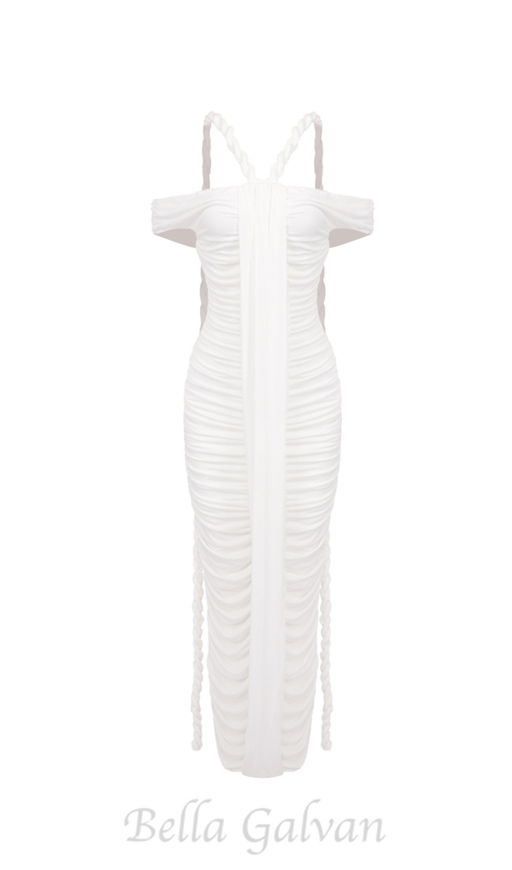 Flowering Girl Women cara white off-shoulder ruched bodycon maxi dress with rope embellished