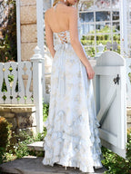 Flowering Girl Women Floral Faux Pearl Frill Split Maxi Dress