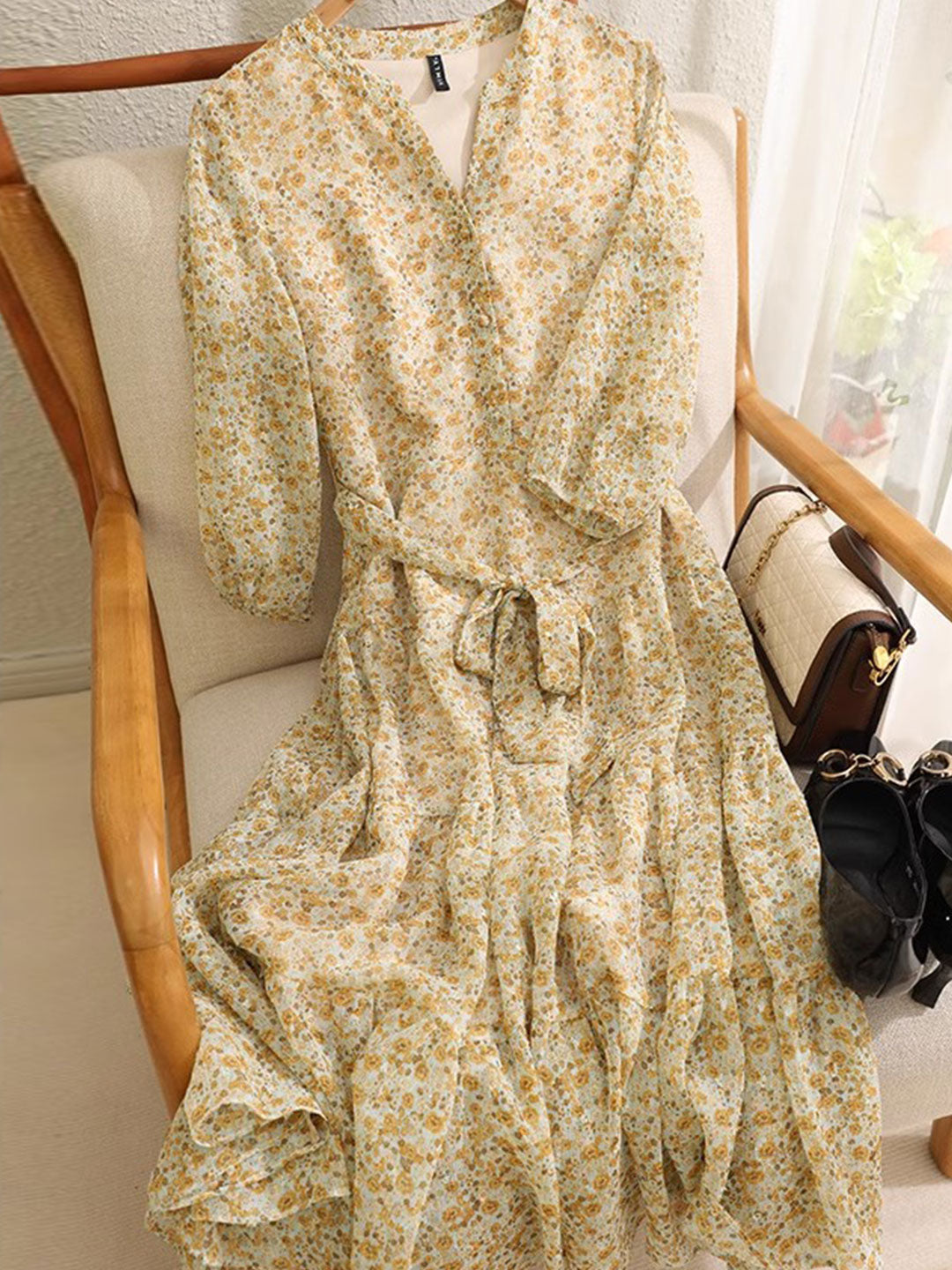 Flowering Girl Women lyuba Vintage Ruffle Floral Chiffon Maxi Dress
