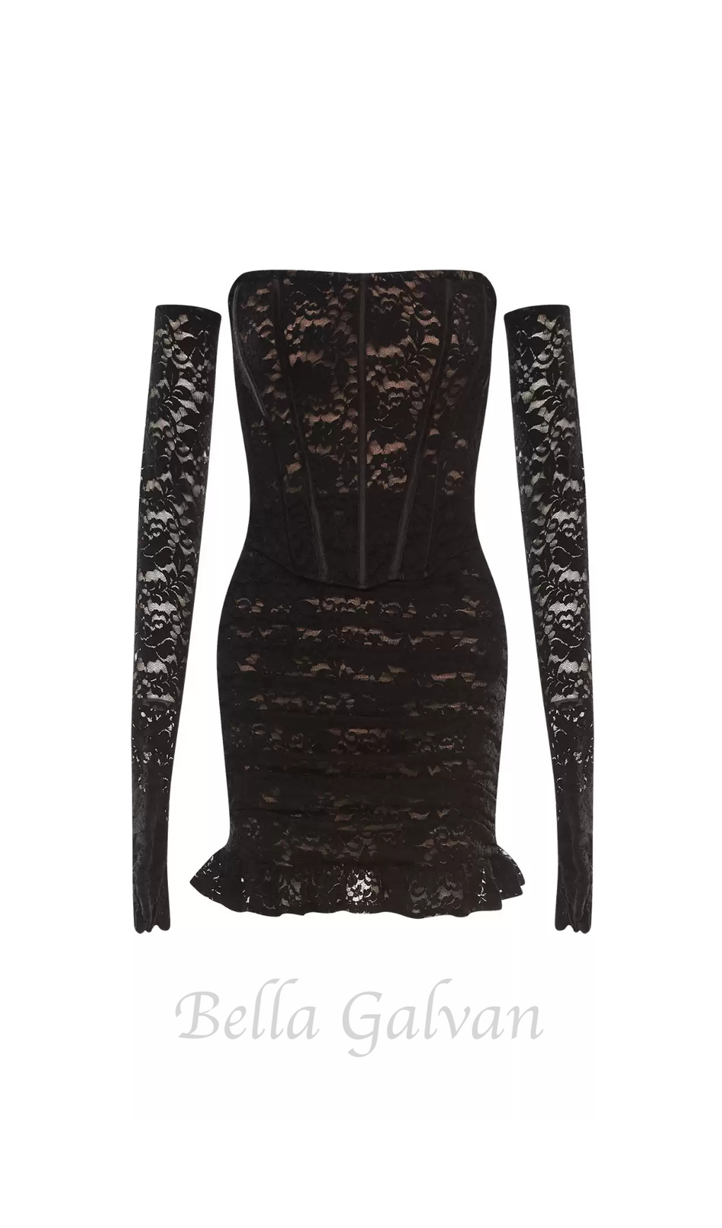 Flowering Girl Women fishbone embellished lace ruffle mini dress in black