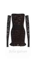 Flowering Girl Women fishbone embellished lace ruffle mini dress in black
