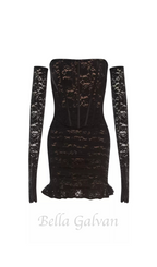 Flowering Girl Women fishbone embellished lace ruffle mini dress in black