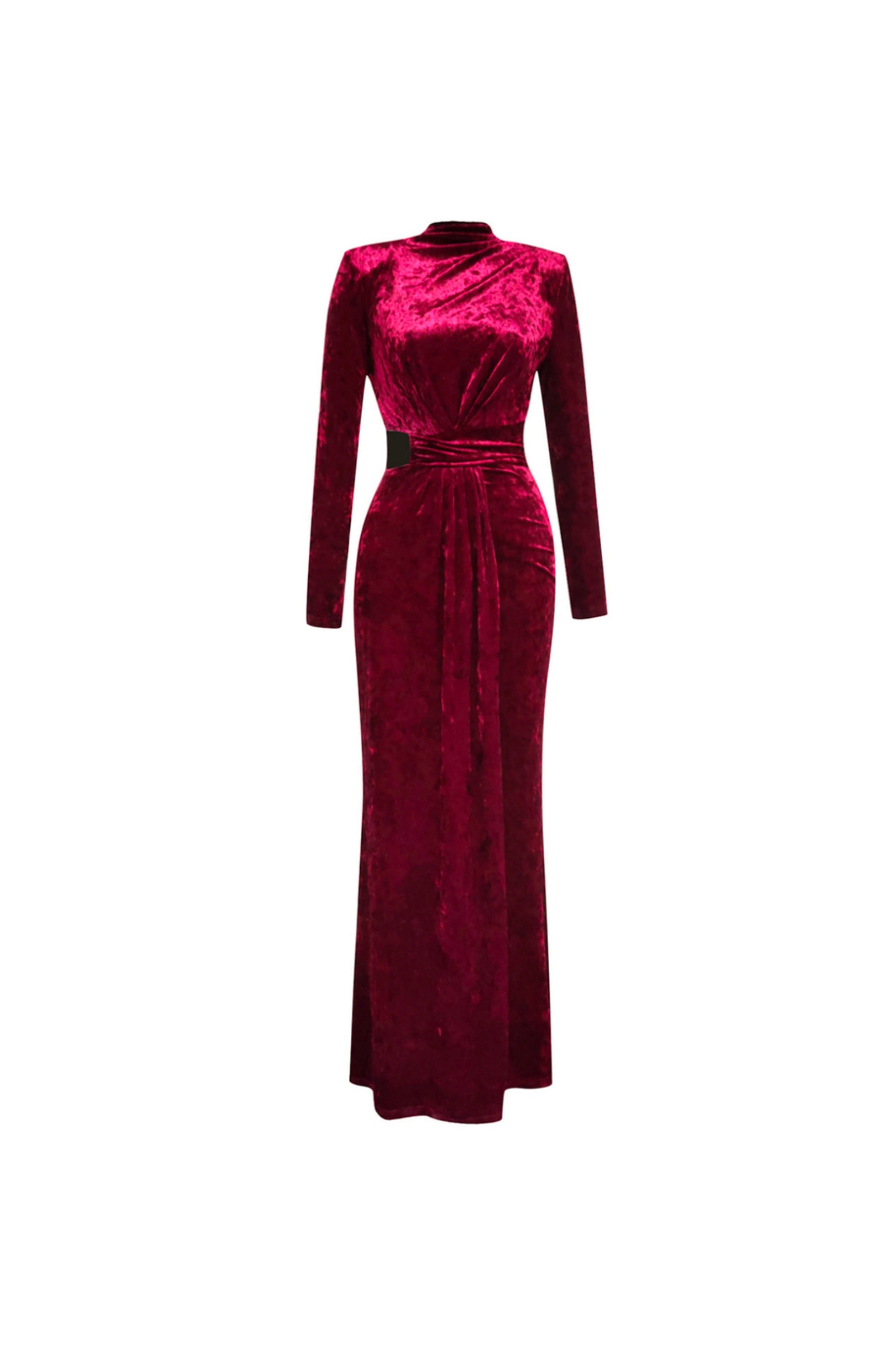 Velvet High Neck Hollow Waist Maxi Dress In Burgundy