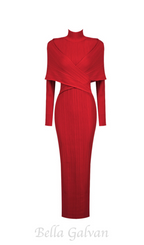 Flowering Girl Women long sleeve pleated knit maxi dress in red