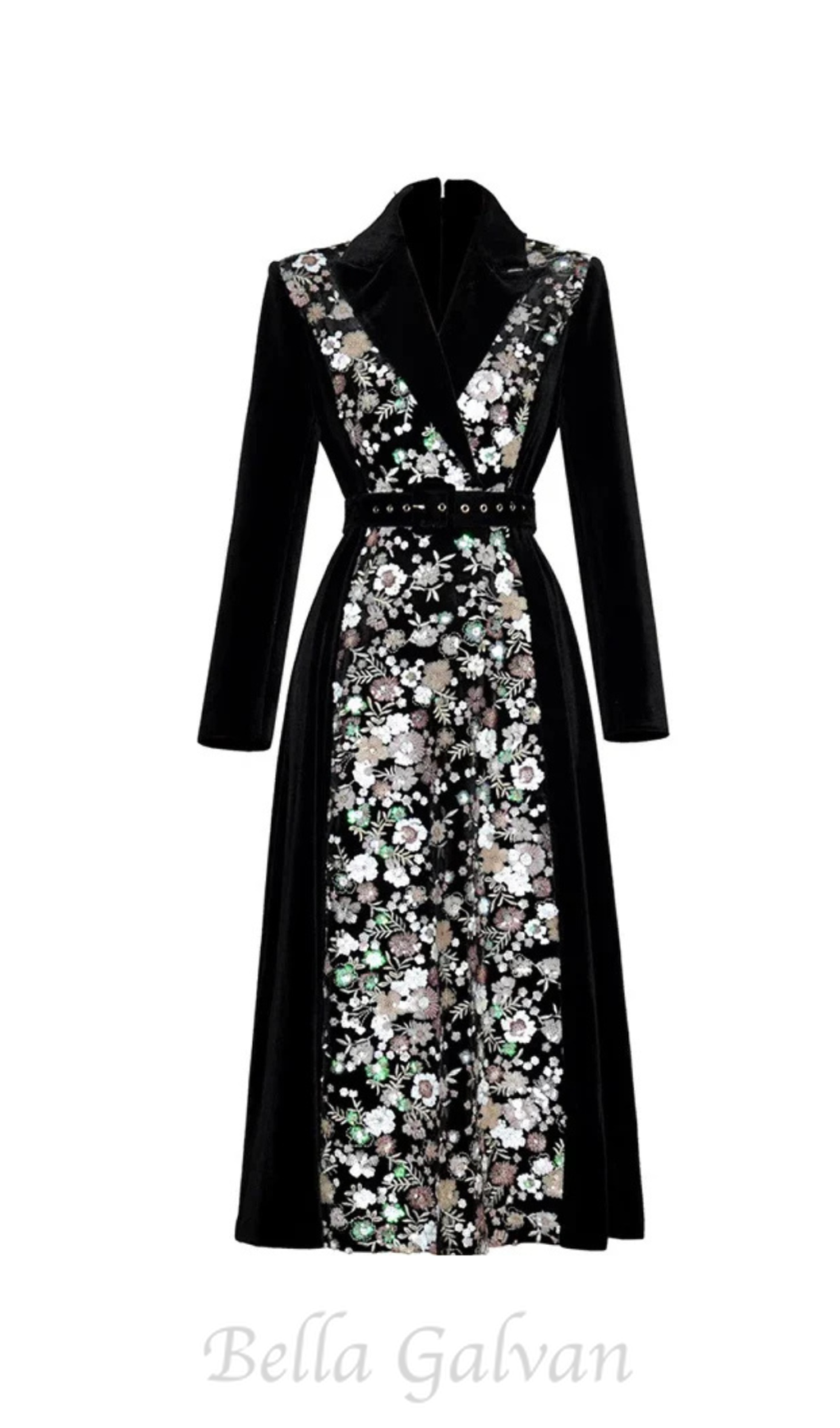 Flowering Girl Women Sequin Embroidered Velvet midi Dress in black