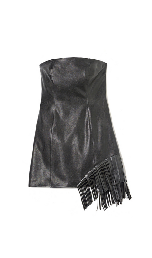 Flowering Girl Women Black Asymmetric Fringed Hem Strapless Leather Skirt