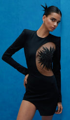 Flowering Girl Women Embellished Long Sleeve Bandage Mini Dress In Black