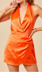 Flowering Girl Women Satin Halter Wrap Mini Dress In Orange