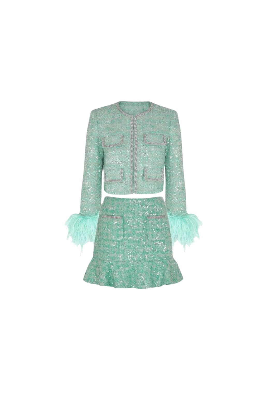 Flowering Girl Women Stephanie Boucle Feather Jacket Suit In Green