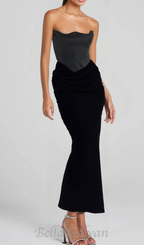 Flowering Girl Women velvet strapless corset maxi dress in black