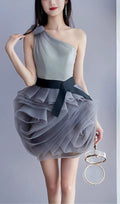 One Shoulder Mesh Mini Dress In Grey