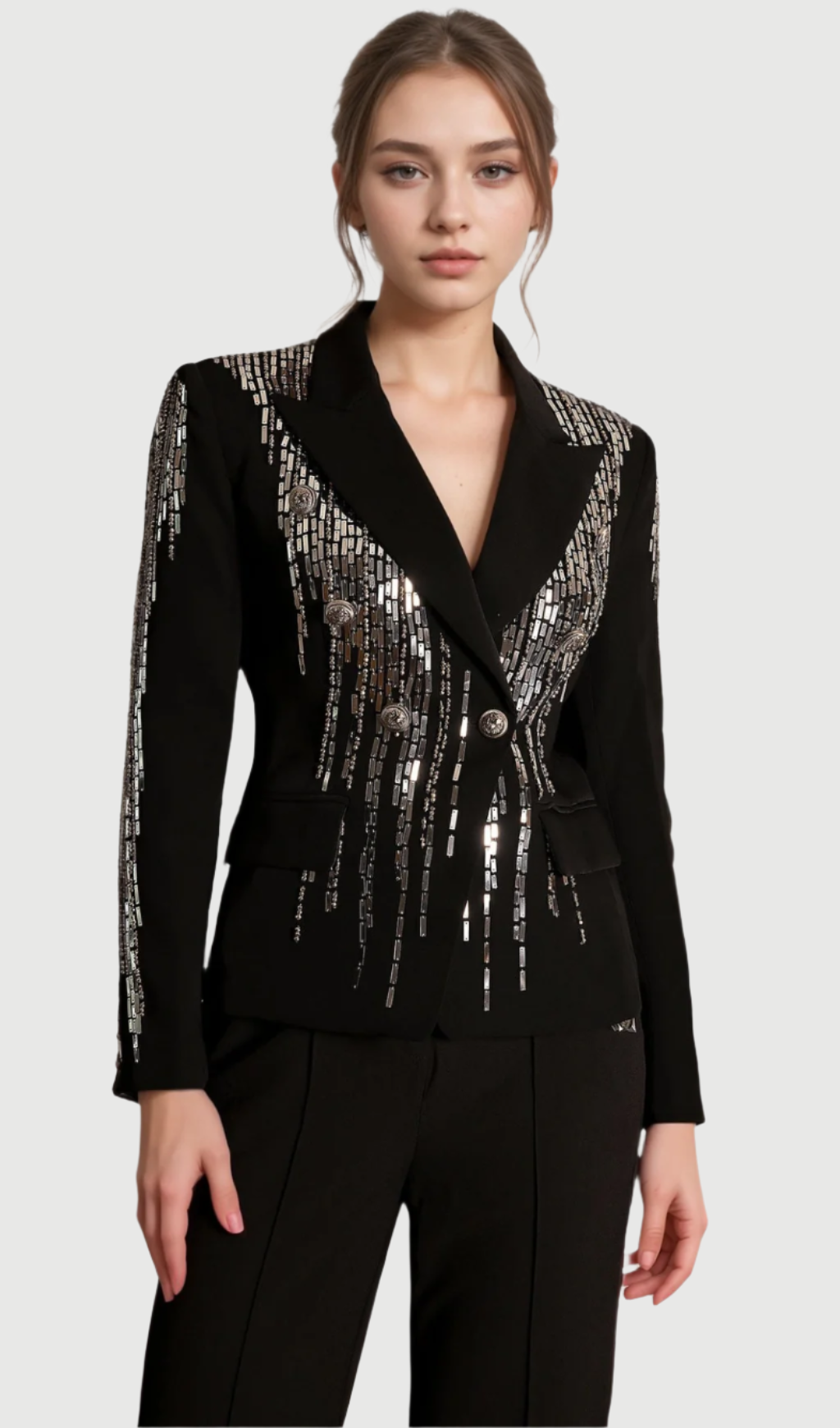 Flowering Girl Women andrea Faidra Rhinestone Double Breasted Lapel Blazer in black