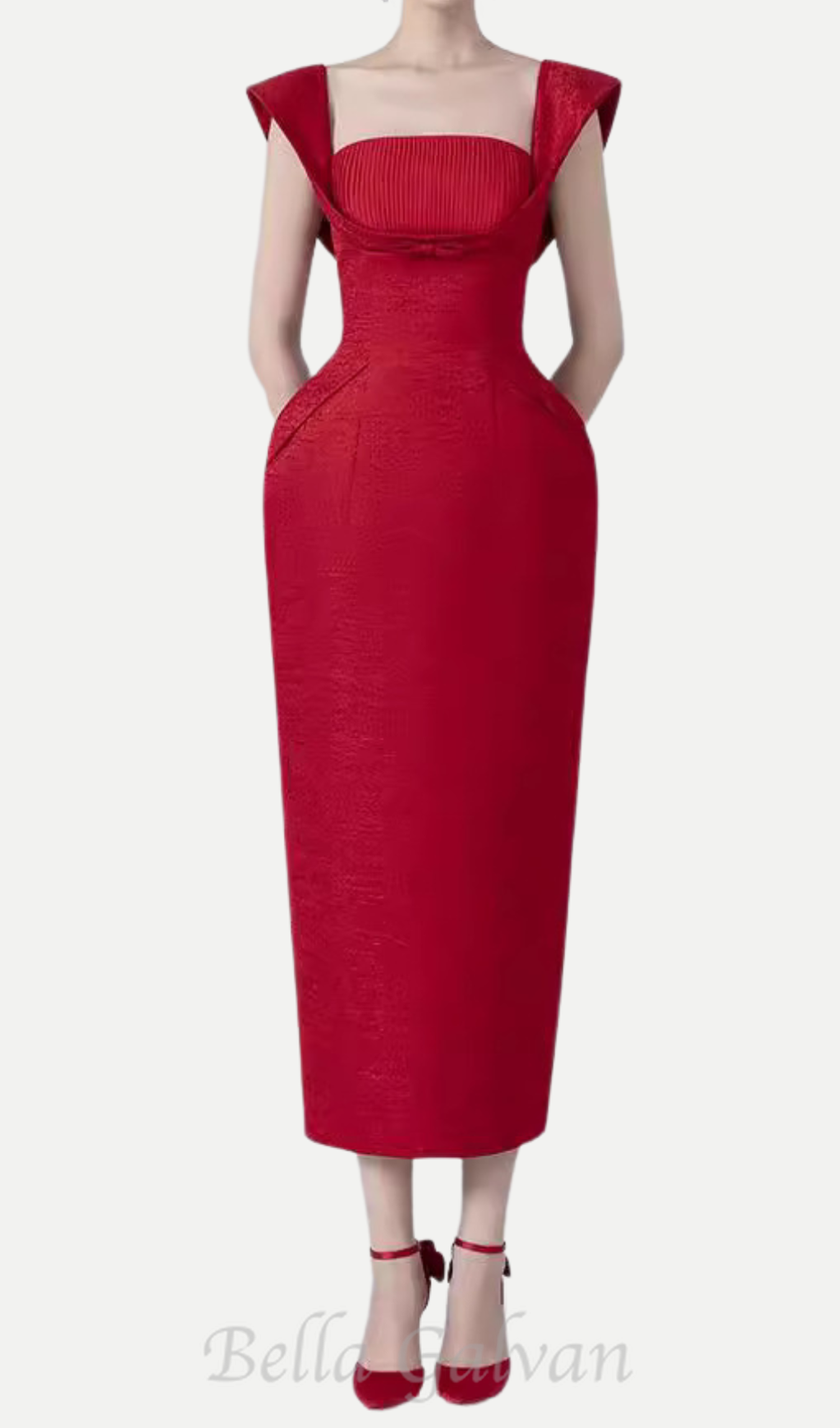 Flowering Girl Women square neckline bow midi dress in red