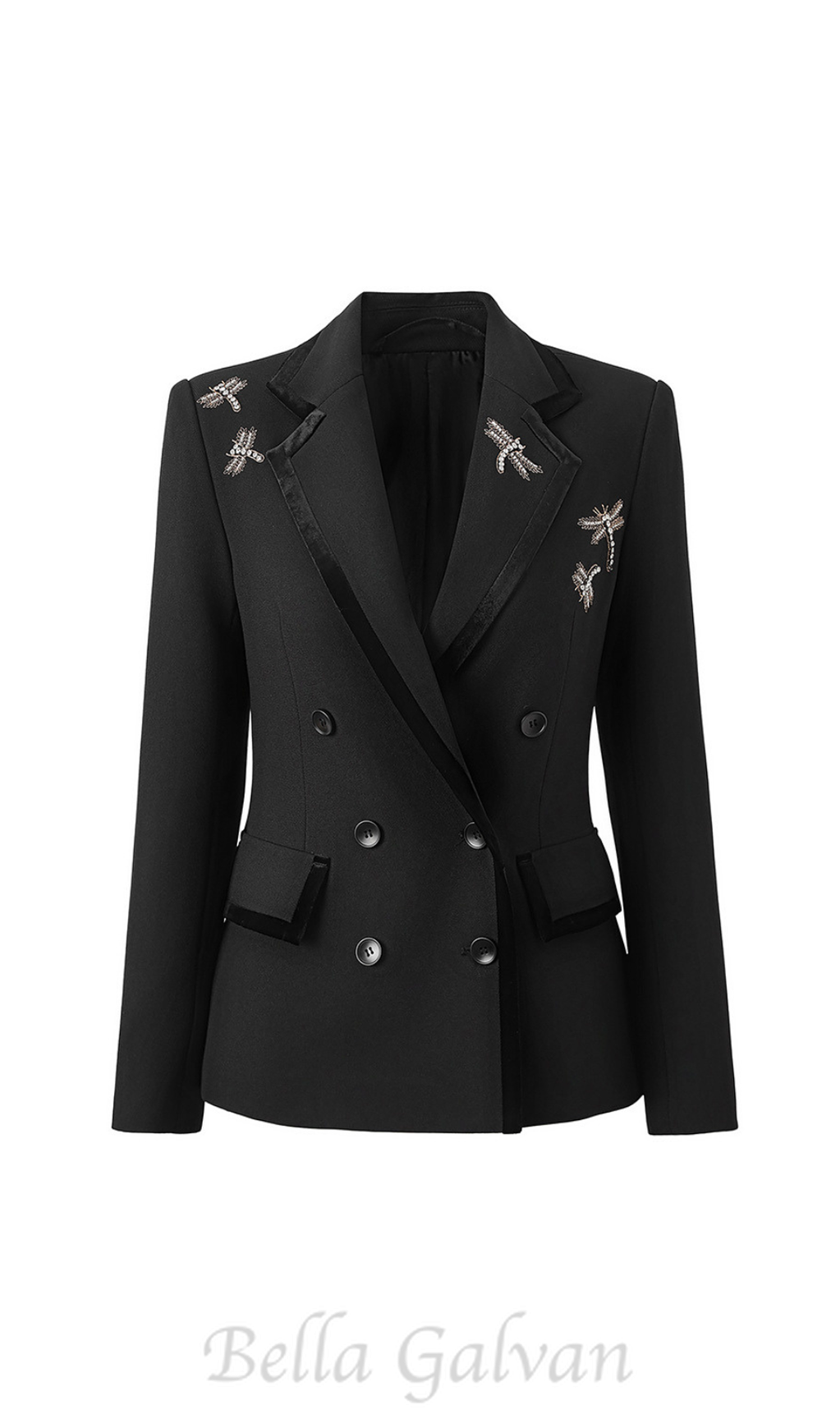 Flowering Girl Women Nail Drill Dragonfly Embroidery Blazer in black