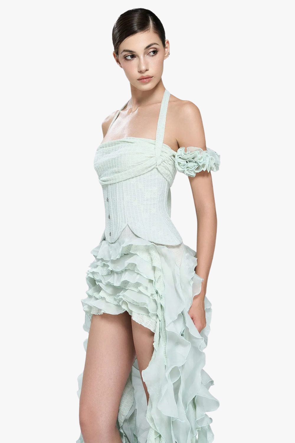 Flowering Girl Women elva halter three-dimensional flower irregular tassel mini dress in mint