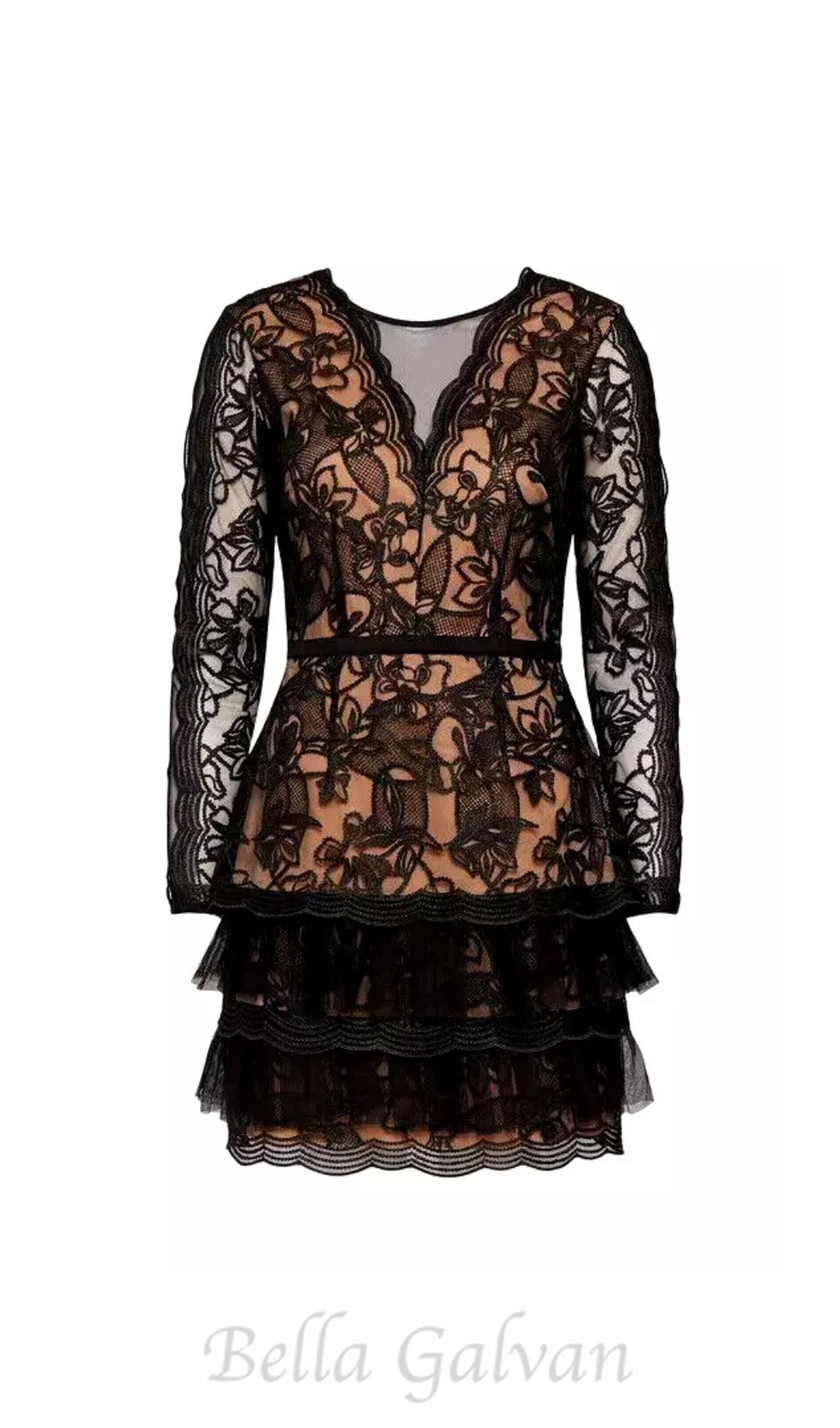 Flowering Girl Women black tulle ruffle hem embroidered lace mini dress