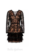 Flowering Girl Women black tulle ruffle hem embroidered lace mini dress