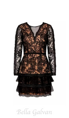 Flowering Girl Women black tulle ruffle hem embroidered lace mini dress