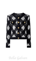 Flowering Girl Women Black White Gingham Tweed Cardigan