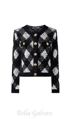 Flowering Girl Women Black White Gingham Tweed Cardigan