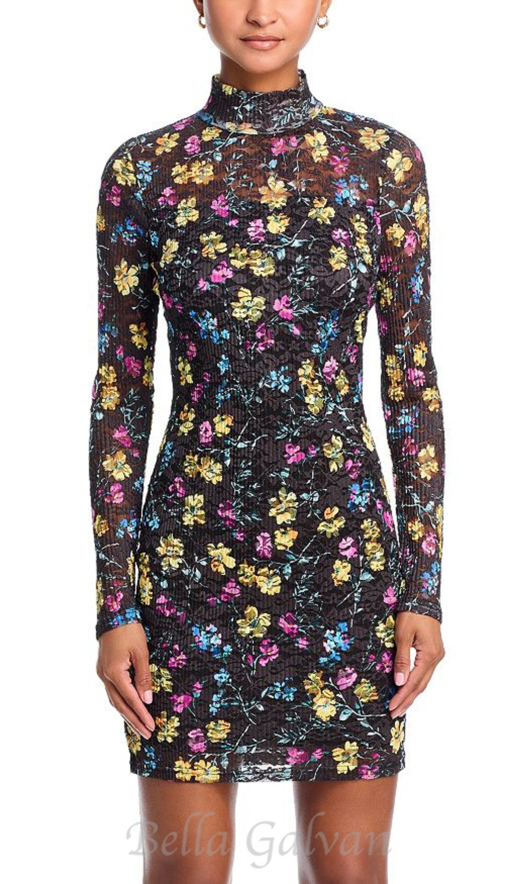 Puckered Lace mini Dress in Black Multi