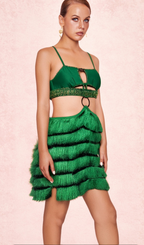 Flowering Girl Women GREEN RHINESTONE CUTOUT FRINGE DRESS