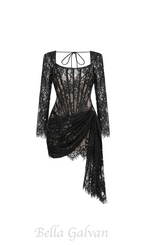 Flowering Girl Women long sleeve lace corset draped mini dress in black