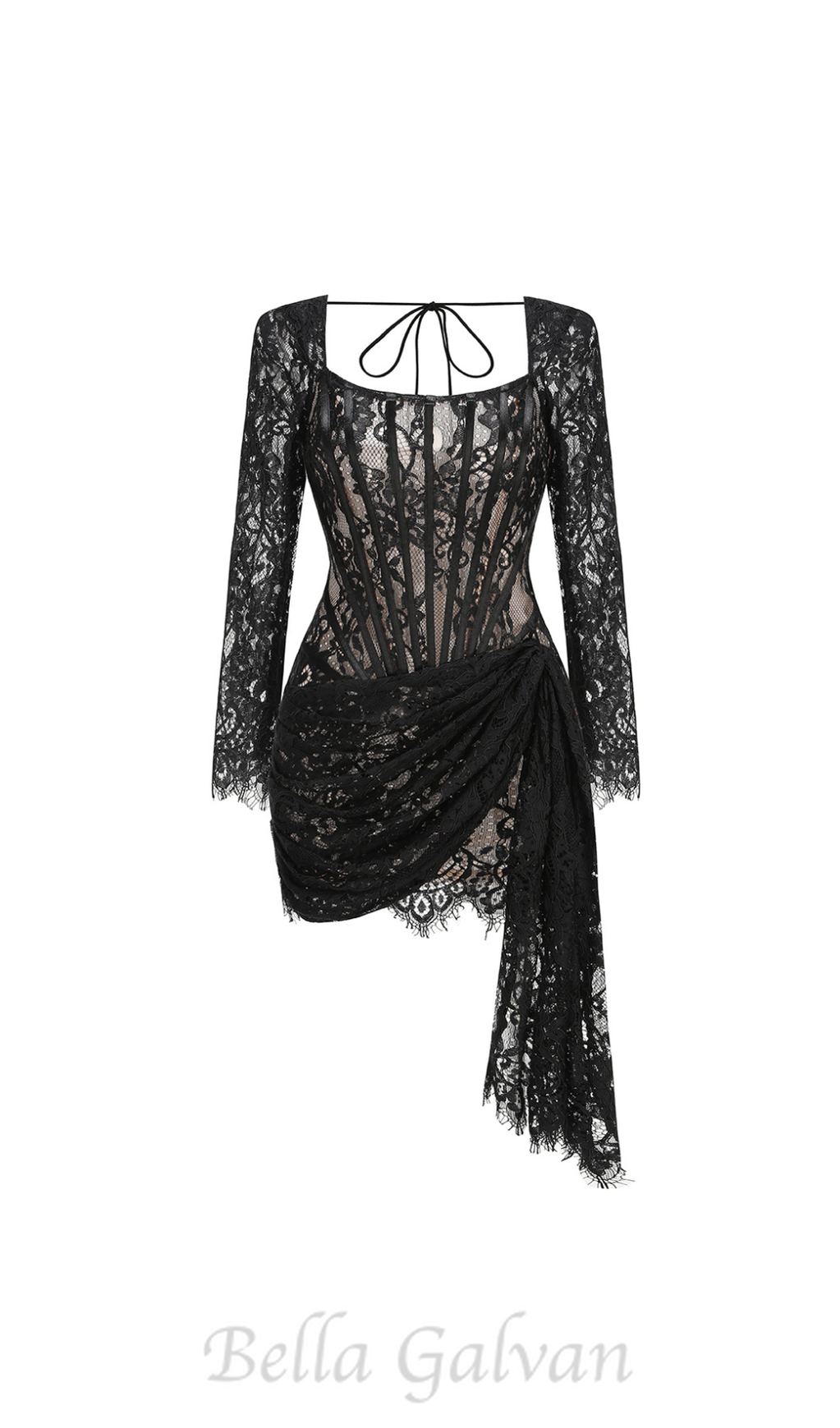 Flowering Girl Women long sleeve lace corset draped mini dress in black