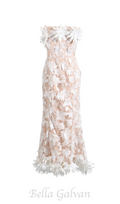 Flowering Girl Women 3D flower embroidery strapless midi dress in beige